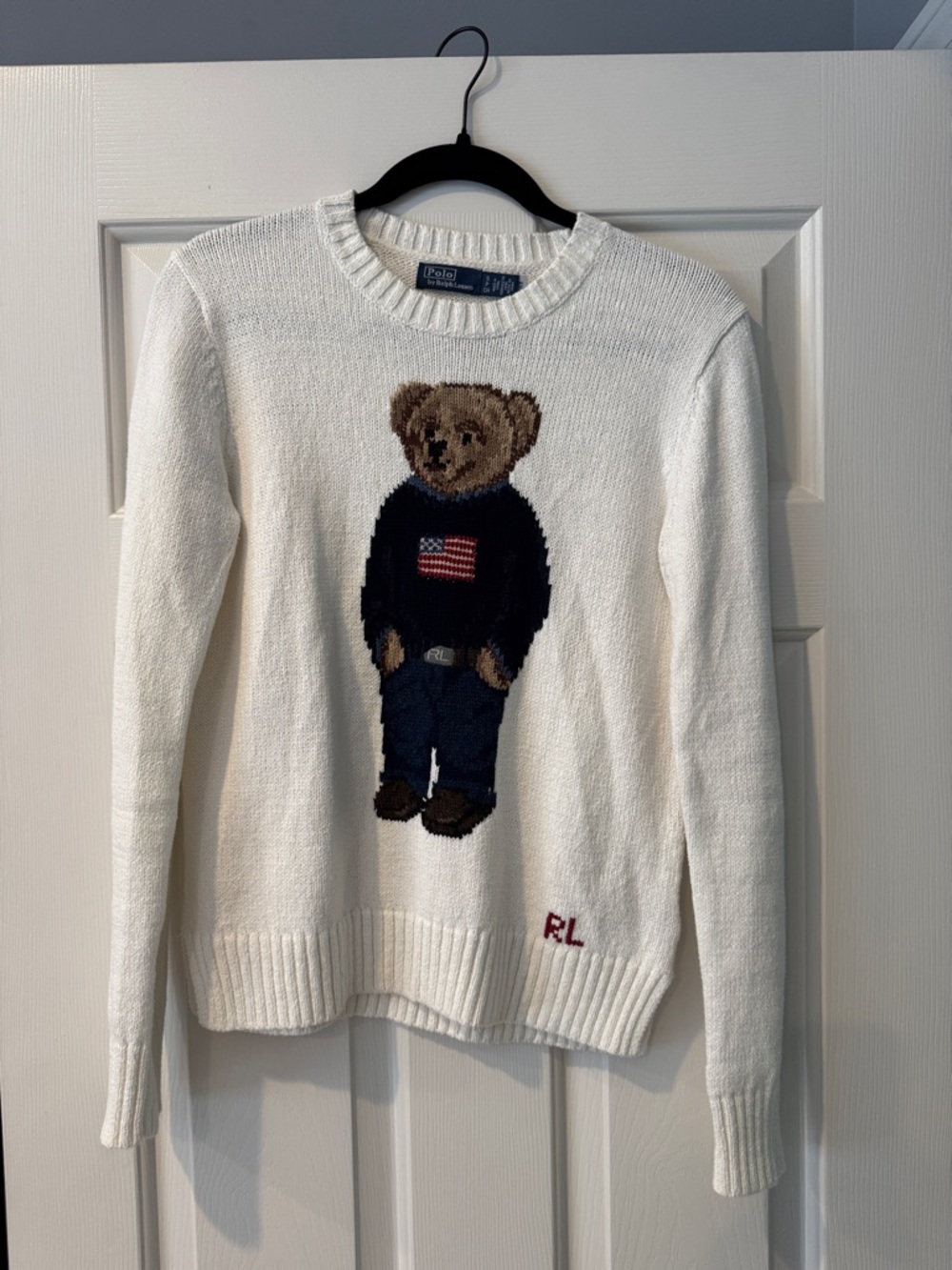 Polo by Ralph Lauren White Bear Crewneck Sweater with Navy & Brown Motif